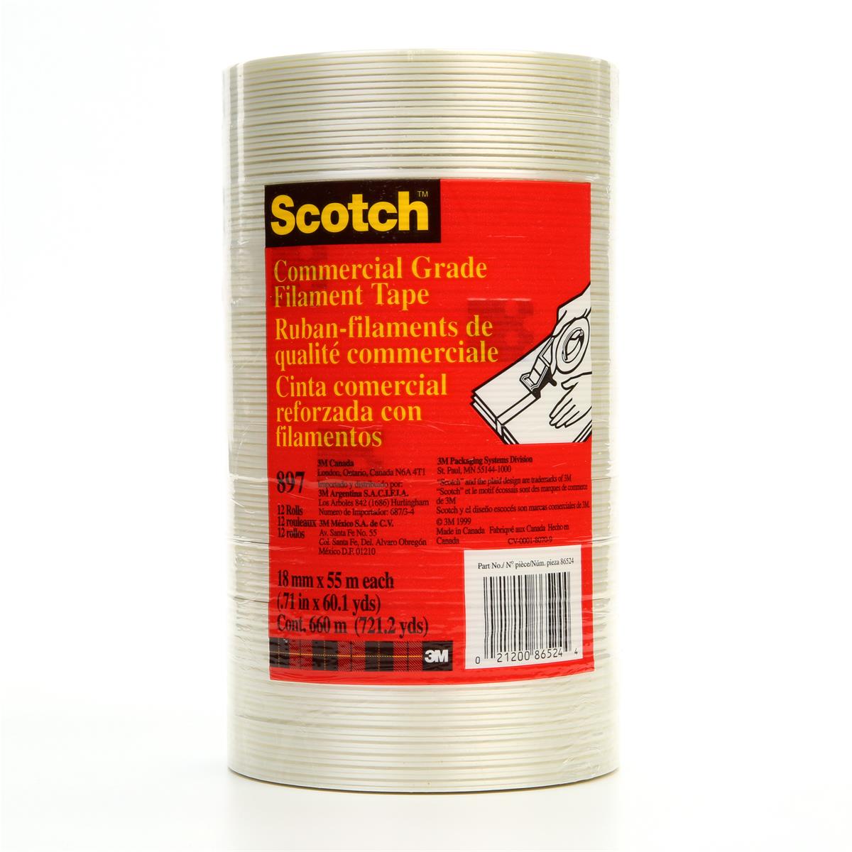 Scotch® 纤维胶带 897, 透明, 18 毫米 x 55 米, 5 密耳, 48 卷/箱