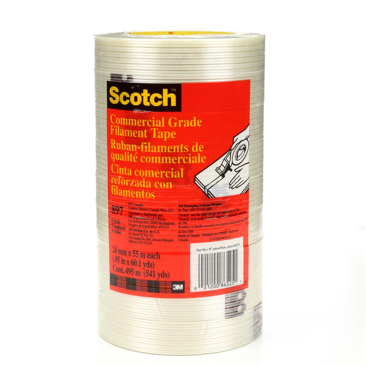 Scotch® 纤维胶带 897, 透明, 24 毫米 x 55 米, 5 密耳, 36 卷/箱