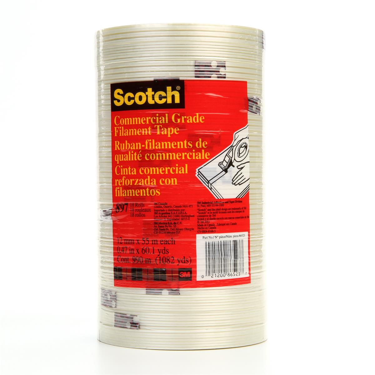 Scotch® 纤维胶带 897, 透明, 12 毫米 x 55 米, 5 密耳, 72 卷/箱